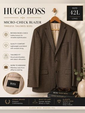 Hugo Boss Brown Micro-Check Blazer Size 42L Wool Sport Coat